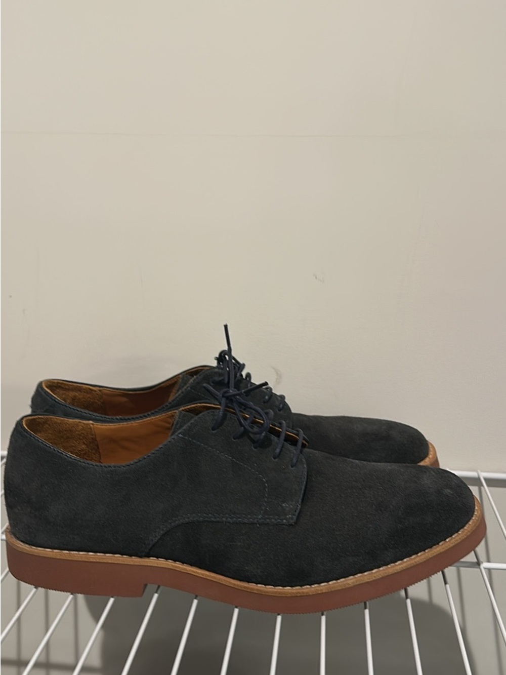 J. Crew Men's Dark Gray Suede Derby Shoes with Tan Welt